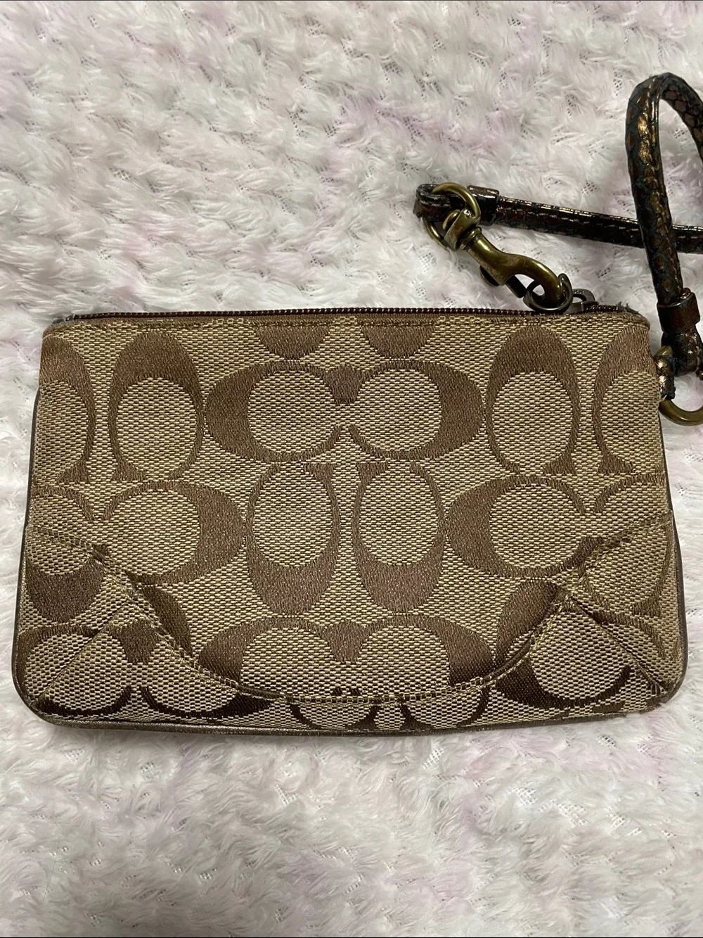 Coach Brown Signature Canvas Wristlet with Leather Tag